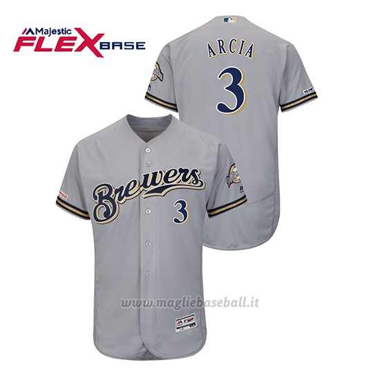 Maglia Baseball Uomo Milwaukee Brewers Orlando Arcia 150th Aniversario Patch Autentico Flex Base Grigio